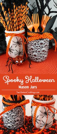 Spooky Halloween Mason Jars - a fun diy Halloween craft project to do with the kids. Cover Mason Jars with creeping, crawling spiders and jiggly Monster Eyes and you have a Halloween container that will look great on your Halloween Party food table! Pin this cute Halloween Party Idea for later and follow us for more fun Halloween Decoration Ideas.