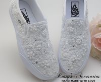 "Beautiful and Romantic wedding sneaker are a perfect accessories for your Special day..These Wedding White Authentic Vans Sneakers , are embellished with White Lace fabric and White applique . White Satin Ribbon shoe lace for tying ... Handmade to order, so please allow me enough time before your wedding date. Orders are processed and shipped within 4-5 WEEKS of payment., large orders may take longer ..Please allow an additional 2-5 days. Domestic Shipping will take 2-5 Business days. This Item