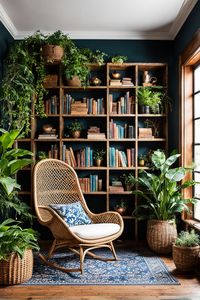 Create a library room that's both functional and beautiful with these inspiring ideas.  This pin features a boho style home library that is perfect for a small room.  Get more ideas by visiting our website! #LibraryRoomIdeas #FunctionalAndBeautiful #HomeLibraryInspiration