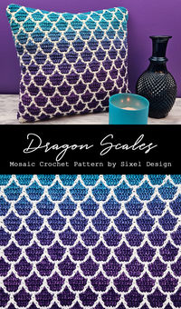 Pattern includes instructions for creating a square pillow, but you can use the chart to create anything you like. This pattern is great for gradient and variegated yarn to create dragon scales, mermaid scales or even flower petals just by using different colors of yarn.  #mosaiccrochet #crochetpattern #dragonscales #dragoncrochet #dragonpillow #mermaidcrochet #sixeldesign