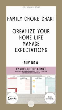 Transform your family routines with our stylish and customizable Family Chore Chart! 🏡🎨 Featuring 4 vibrant templates, easily editable in Canva, this printable set adds color and order to your household tasks. Instant download for a seamlessly organized home! 📥🌟 #FamilyOrganization #ChoreChart #HomeManagement #PrintableTemplates #CustomizableDesigns #CanvaChores #ColorfulRoutine #FamilyGoals #OrganizationTips #ParentingWin 🌈👩‍👧‍👦