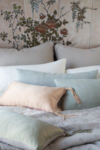 Austin Royal Shams in Fog, Linen King Pillowcase in Winter White, Ines Lumbar Pillows in Mineral and Eucalyptus, Taline Accent Pillow in Rouge, Taline Lumbar Throw Pillow in Eucalyptus, Ines Personal Comforter in Fog