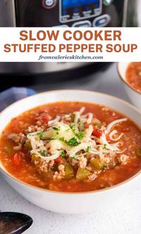 All the flavors of classic stuffed bell peppers in a soup that is cooked low and slow in your Crock Pot. This Slow Cooker Stuffed Pepper Soup is a hearty, delicious and EASY weeknight meal.