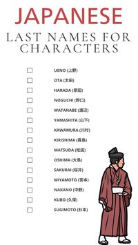 Looking for the perfect last name for your character? This printable list of Japanese last names is a great resource for finding authentic, culturally rich surnames. Whether you're writing a story, creating characters for a game, or exploring Japanese heritage, this list provides a wide variety of traditional and unique last names. Download and use it to add depth and realism to your characters! #JapaneseNames #CharacterNames #WritingTips