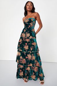 No one will be able to forget how oh-so captivating you are in the Lulus Real Allure Emerald Floral Burnout Velvet Strapless Maxi Dress! Plush luxe velvet, with a burnout floral print throughout, shapes this stunning dress with a straight strapless neckline (with hidden no-slip strips) and a princess-seamed bodice with supportive side boning. High, fitted waist sits atop a cascading tiered skirt that falls to a sweeping maxi hem. Hidden back zipper/clasp. Fit: This garment fits true to size. Len