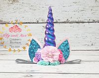 Unicorn headband, magical purple turquoise aqua pink unicorn headband, unicorn party headband, silver glitter elastic unicorn headband