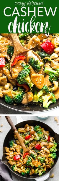 Healthy Cashew Chicken Stir Fry- an easy 20 minute guilt-free gluten free skinny version (plus paleo friendly options) of the popular classic Chinese takeout dish. Juicy chicken, tender crisp broccoli and red bell peppers coated in a delicious savory sauce. Best of all, this recipe comes together in just one pan! Perfect for busy weeknights! With a step-by-step how to video! Weekly meal prep for the week and leftovers are great for lunch bowls for work or school. #chicken #recipe