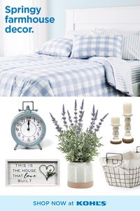 Give your bedroom a spring boost and create an inviting space with sweet farmhouse decor. Start with a gingham comforter set to lighten up the room. Then add accents like candles, faux florals and a vintage table clock to pull the look together. Just add a little sunshine and you’re all set! Shop spring farmhouse decor at Kohl’s and Kohls.com. #farmhousedeocor #springfarmhousedecor