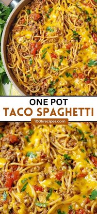 Taco spaghetti is a fragrant, spicy, juicy dish with an amazing aroma. It is made with garlic, onion, ground beef, canned tomatoes, taco seasoning, spaghetti, cheddar cheese, and parsley.