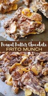 Peanut Butter Chocolate Frito Munch! A quick 4-ingredient sweet and salty recipe of Fritos corn chips and chocolate morsels covered in white chocolate and peanut butter then cooled into a candy bark.