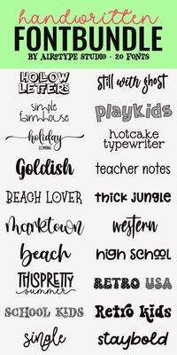 This Font Bundle is the bundle of 20 display and handwritten font from Airotype. This is special font bundle for summer holiday, kids, and back to school. Fonts in this bundles are fun and cute with some #font #cutefont #handwrittenfont #schoolfont #handwriting #handwritingfont #cricutfont #airotype Free SVG Fonts. OpenType SVG fonts use SVGs for the characters, unlike traditional fonts that use normal outlines.