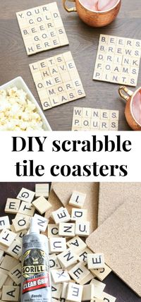 These scrabble tile DIY coasters are so cute! These would make great Christmas gifts or hostess gifts! Love how you can customize them for whatever you want – sports, drinks etc! Click through for the easy tutorial for DIY scrabble tile coasters! #diy #coasters #scrabbletile #crafts #diyproject