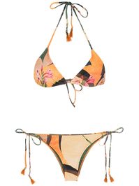 Omara yellow floral-print halterneck bikini from LYGIA & NANNY featuring floral print, halterneck tie fastening, rear tie fastening, side tie fastening and stretch-design. Be mindful to try on swimwear over your own garments..