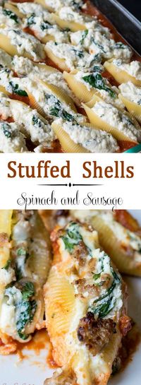 Easy Cheesy Stuffed Shells are a delicious main deal for the whole family. This recipe combines ricotta, mozzarella, and parmesan cheeses, and spinach stuffed into the shells. A spicy layer of Hot or Mild Italian sausage completes the meal. A family favorite Italian dinner!