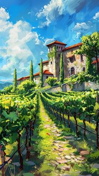 Illustration of beautiful old villa in tuscan vineyards.  #italy #beautiful #tuscany #illustration #vineyards #wine #villa