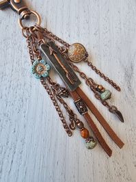 Leather and Copper Plated Tassel Bag Charm With Beaded Charms and Arrow Charm - Etsy