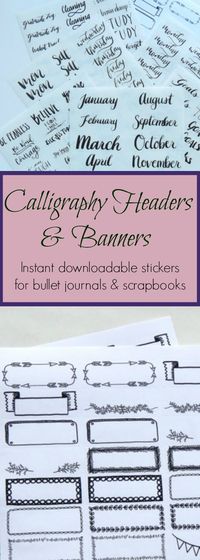 Hand Lettered Black Ink Calligraphy & Banner Printable Sticker Packages #bujoheaders #plannersticker #affiliate