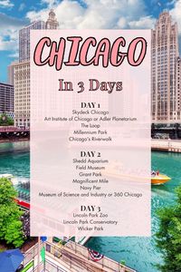 3 day Chicago itinerary for first time visitors. Planning a trip to Chicago? This guide includes the best things to do in the city, such as Skydeck, 360 Chicago, the Shedd Aquarium, and the Field Museum. Learn how to save money on Chicago's top attractions so you can enjoy your trip without going broke.