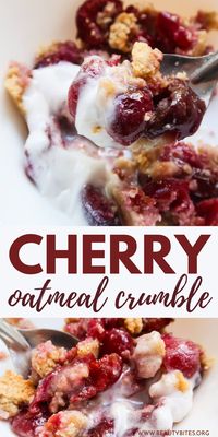 Healthy cherry crumble with oats! A gluten-free and vegan oatmeal crumble recipe that is nourishing enough to be a healthy breakfast, but also provides just enough sweetness to be your go-to cherry dessert.