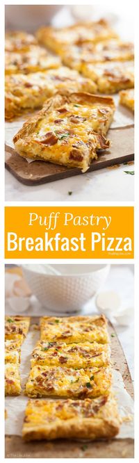 This Puff Pastry Breakfast Pizza recipe is super easy and fast. You can put whatever toppings on it, but I love it with bacon, eggs and cheese. This is great for brunch, Christmas morning or a nice, relaxing weekend breakfast!