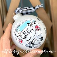 This hand painted custom ornament is perfect for a couple's first Christmas together.  -item will be shipped with 'First Christmas as Mr. and Mrs. 2024' if no name is added.  -items can personalized with last name on front OR couples name on back.  Each design is hand painted and hand lettered.  -name can be added for $2. Includes last name on front OR first names on back.   Please leave the name desired in the note to seller at the time of purchase.   ornament 4in white glass ball (as in first