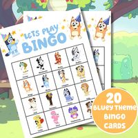 YAAYYYY have some fun at your next party with this bingo game! Perfect for all ages, this instant download includes everything you need for a fun-filled game night. What's Included: ♥ 20 Unique Bingo Cards ♥ 20 Calling Cards featuring Bluey and friends ♥ Red Balloon Bingo Chip This game is perfect for kids! No reading required - just pictures of Bluey and friends! Guarantee your guests will enjoy! We use high-quality graphics featuring characters from the show Instant download for quick and easy