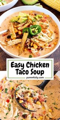 My family loves tacos and when the weather starts to get cold, I love to make a big pot of creamy chicken taco soup. This is a very easy chicken taco soup because you make it with leftover rotisserie chicken and all you have to do is dump all the ingredients into the pot!