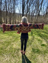 "Introducing my latest creation! Upcycled a beautiful vintage tapestry throw into this cozy, one of a kind, cropped blanket coat! Measurements: Length is approximately 17\" Chest is approximately 46\" Shoulder to wrist is approximately 22\" 100% cotton. Very durable. This statement jacket was made with all of my heart, for any human, anywhere, that may be attracted to its vibe! My intention is that the piece will amplify the divine nature of your inner being. ✨🌙"