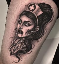 Vampire nurse 💉🦇 done during my guest at @corpsepainter_tattoo in Germany 🇩🇪 . . #tattooart #portraitattoo #blackandgreytattoos #neotrad… | Instagram