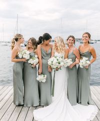 Shop Online, Ready to Ship - Channel Old Hollywood vibes in this stylish satin slip dress with a draped neck and long skirt in a show stopping fit. Shown in a Moss Green. Perfect for spring, summer, fall, and winter weddings. Photo on IG: @flairboston @carlymphotography @sabrinalucius