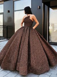 A-Line Princess Strapless Brown Floor Length Prom Dress with Pocket,strapless prom dress,brown prom dress #longpromdress #partydress #longpromdress #sleevelesspartydress