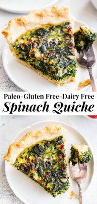 This paleo spinach quiche is loaded with flavor!  Crispy bacon, onions, garlic and spinach are baked with a creamy egg mixture in a grain free and paleo pie crust.  This quiche is sure to become a favorite for brunches and works as a make-ahead breakfast too! #paleo #cleaneating 