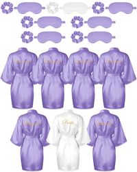 PRICES MAY VARY. Nice Combination Set: the package comes with 7 pieces of bridal party robes, including 1 bride embroidered robe and 6 bridesmaid robes, each gown comes with a matching eye mask and hair tie set in the same color, sufficient in quantities and styles to meet your requirement of using Soft and Comfortable: the bridesmaids robes, eye mask and hair ring are all made of quality satin fabric, which is soft and skin friendly; The inside of the eye mask is filled with 180 grams of silk c