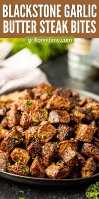 Make Homemade Blackstone Garlic Butter Steak Bites for a delicious twist on your steak bites recipe. This dish is packed with flavor and easy to make. Tossing the garlic butter with the cooked steak pieces makes them so delicious and quick to prepare. #grillonadime #blackstonegarlicbuttersteakbites #steakbites