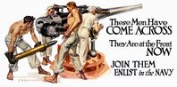 These men have come across. They are at the front now. Join them. Enlist in the Navy. This WWI recruiting poster implores men to join the Navy. Illustrated c. 1918 by F.X. Leyendecker, the younger brother to the more celebrated J.C. Leyendecker.