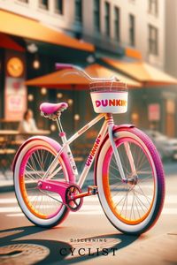 The bicycle’s pink and orange color scheme is instantly recognizable as Dunkin’s, with the logo featured multiple times. It’s a casual bike, suggesting the everyday accessibility of Dunkin’s products. The urban setting with cafes and city life is where one might find Dunkin’ shops and their typical clientele.