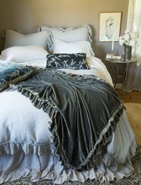 Linen Whisper Deluxe Shams in Mineral, Linen Whisper Pillowcases in Cloud, Linen Flat Sheet in Winter White, Lynette Accent Pillow in Fog, Lynette 24x24 Throw Pillow in Mineral, Loulah Large Throw Blanket in Fog, Linen Whisper Duvet Cover in Mineral, Linen Whisper Bed Skirt in Cloud