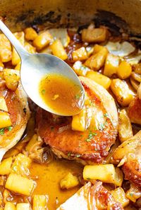 Easy pineapple pork chops combine juicy and tender pork chops with the sweet and sour flavors of pineapple, onion and garlic, and just a touch of honey for added sweetness. This quick pork skillet is the perfect quick weeknight meal. // A Cedar Spoon