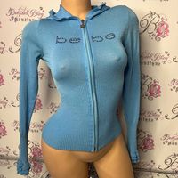 Bebe Ruffle Sweater Sorento Blue Bling Swarovski Crystals Frilly Cuffs & Hood Y2k Insane Diamond Ruffle Sweater Hoodie Stunning Piece. Size Small But Is Very Stretchy. Can Fit Up To Large Maybe Even Xl Heart Silver Zipper Pull This Is Gorgeous. Never Seen A Bebe Hoodie Like This Before! This Is New Without Tags. Never Been Worn. Absolutely Stunning Love The Item But Not The Price? Offers Are Always Accepted! Feel Free To Send An Offer Bundle 2+ Items & You Will Get Sent A Discounted Offer & You