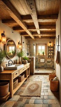 Explore this beautifully designed ranch-style bathroom that blends rustic charm with sustainability. Featuring reclaimed wood beams, natural stone tiles, and eco-friendly fixtures, this space embodies both style and environmental consciousness. The open shower with water-efficient fittings, a recycled wood vanity, and potted plants create an earthy, inviting atmosphere. Ideal for those looking to design a sustainable, ranch-inspired bathroom that offers both warmth and functionality. This image was created using AI to visualize a sustainable living space. Perfect for those looking for eco-friendly design inspiration! #EcoFriendly #MinimalistLiving #SustainableHome #InteriorDesign