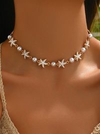 1 pieza Collar con dije de estrella de mar blanca de perlas artificiales hecho a mano, joyería de estilo oceánico de moda adecuada para uso diario y viajes a la playa de mujeres     Cobre     Women Fashion Jewelry, size features are:Bust: ,Length: ,Sleeve Length: