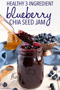 This Healthy 3-Ingredient Chia Seed Blueberry Jam is a great healthy alternative to conventional jam! It's made with 3 healthy, natural, whole-food ingredients and it's quick and easy to make! Recipe from thebusybaker.ca! #chiaseedjam #chiaseed #blueberry #jam #homemade #easyrecipe #recipevideo #canning #preserving