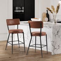 This barstool elevates your at-home entertaining with a modern aesthetic that updates decor. Each barstool features an open, curved back design for added comfort and convenience. The base is crafted from matte black iron, while the seat and back are made from wood, and they're upholstered in textured faux leather PU-like fabric in a neutral hue. Foam and synthetic fiber filling provide a cozy seating experience while you eat or get cozy with a glass of wine. Plus, these barstools are supported b