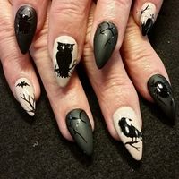 Black and white spooky Halloween Nail Design with birds, bats, and spiders