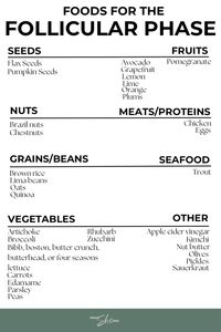 During the follicular phase of your menstrual cycle you may experience an elevated mood and increased energy. These foods include all the necessary nutrients to support your positive mood during this phase!