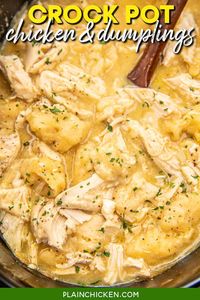 Crock Pot Chicken & Dumplings Recipe - the ultimate comfort food! Super easy to make and tastes great! Chicken, cream of chicken soup, chicken broth, onion powder, garlic powder, and canned biscuits. Add this easy one-pot meal to your menu. It is sure to become a family favorite!