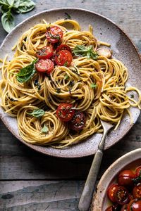 20 Minute Garlic Basil Brown Butter Pasta | halfbakedharvest.com #pasta #easyrecipe #tomatoes #basil #easyrecipes #spring #summer