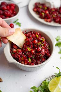 This cranberry salsa served with crackers over some vegan cream cheese, it's a dream come true that comes together in 5 minutes.