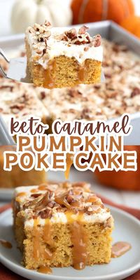 This Keto Pumpkin Poke Cake combines tender low carb pumpkin cake with gooey caramel sauce and an airy cream cheese frosting. It might just be the best keto dessert recipe you make all year!