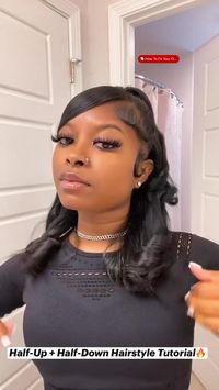 Half + Half 😍👏🏾  Such a pretty half-up, half-down hairstyle by @thaailinn ❤️ The bang and curls are the perfect touch 👌🏾 Would you rock it?  flatiron curls, half up half down hairstyle, silk press, edges on fleek, team natural.